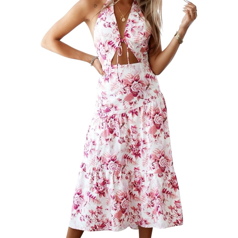 Hello Molly White and Pink Floral Halter Cutout Midi Dress